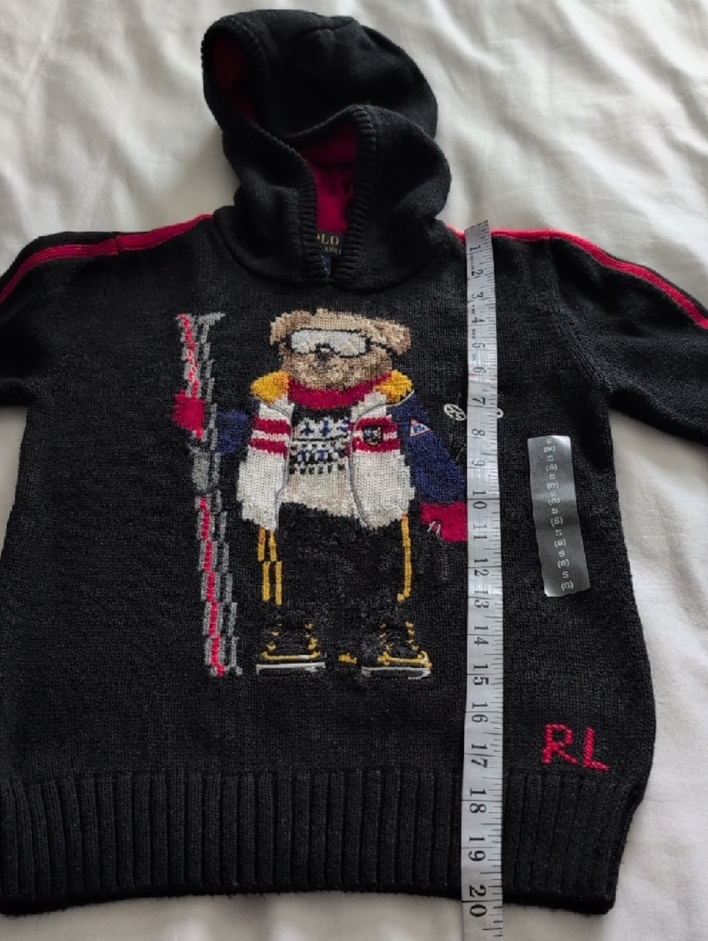 Polo by Ralph Lauren Black Knit Hoodie with Red Trim and Ski Bear - Picture 9 of 10